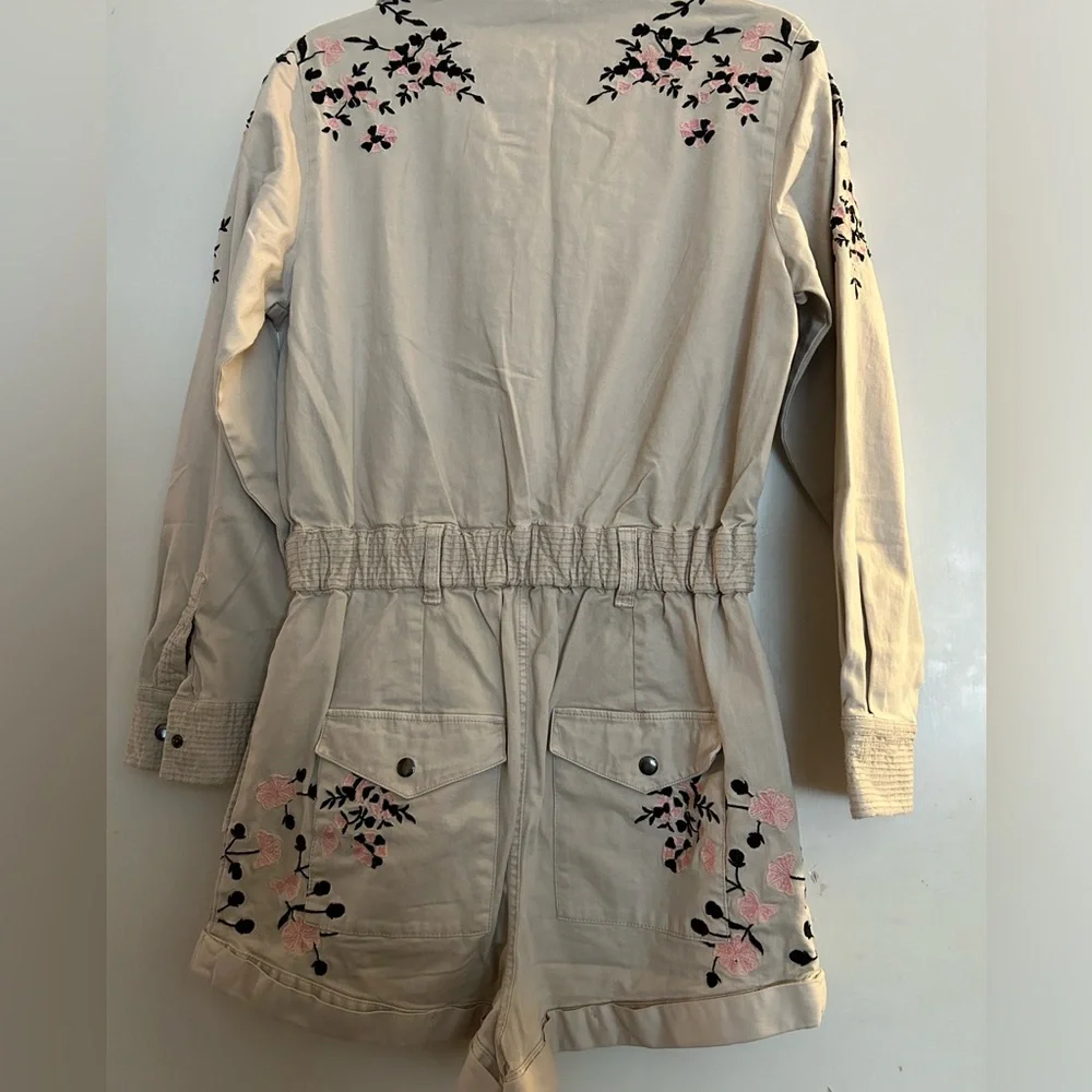 Embroidered Beige Utility Romper